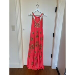 Calypso St Barth Maxi Dress Coral Beaded Embellished Halter Neck Resort XS